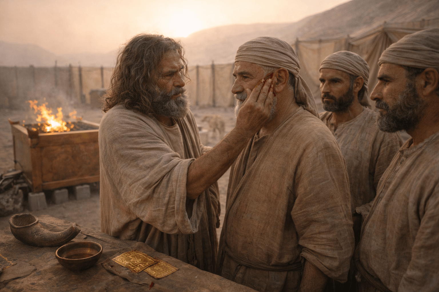 Моисей проводит ритуал посвящения Аарона и его сыновей у жертвенника, с елеем и кровью как элементами протокола