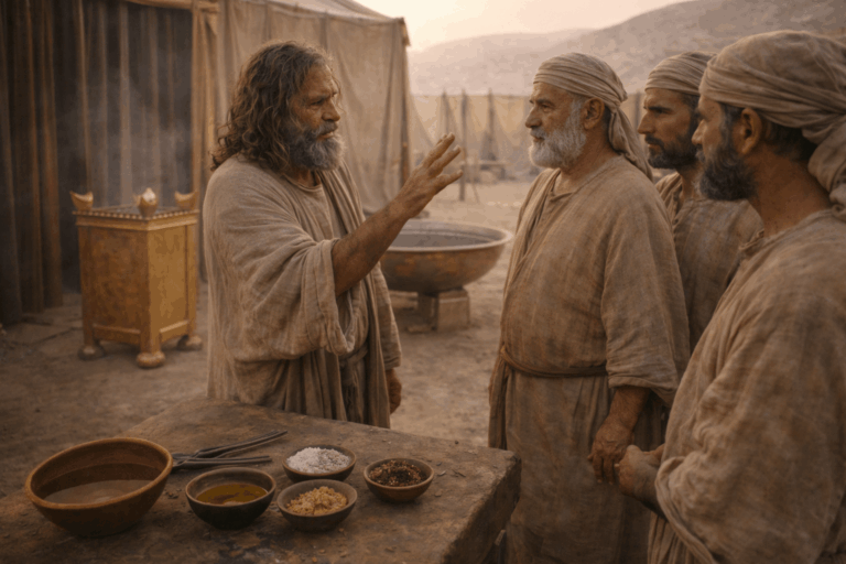 Моисей показывает священникам кадильный алтарь, умывальник и сосуды с маслом помазания у входа в скинию