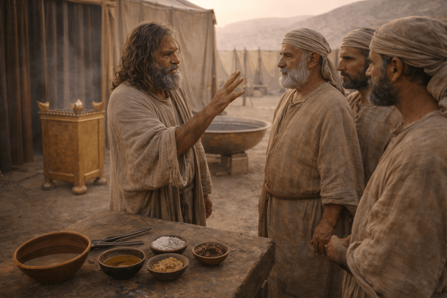 Моисей показывает священникам кадильный алтарь, умывальник и сосуды с маслом помазания у входа в скинию