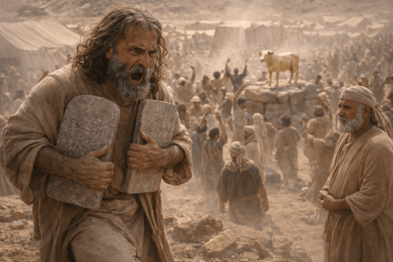 Моисей спускается с горы и видит у лагеря золотого тельца и празднование, Аарон и люди в смятении