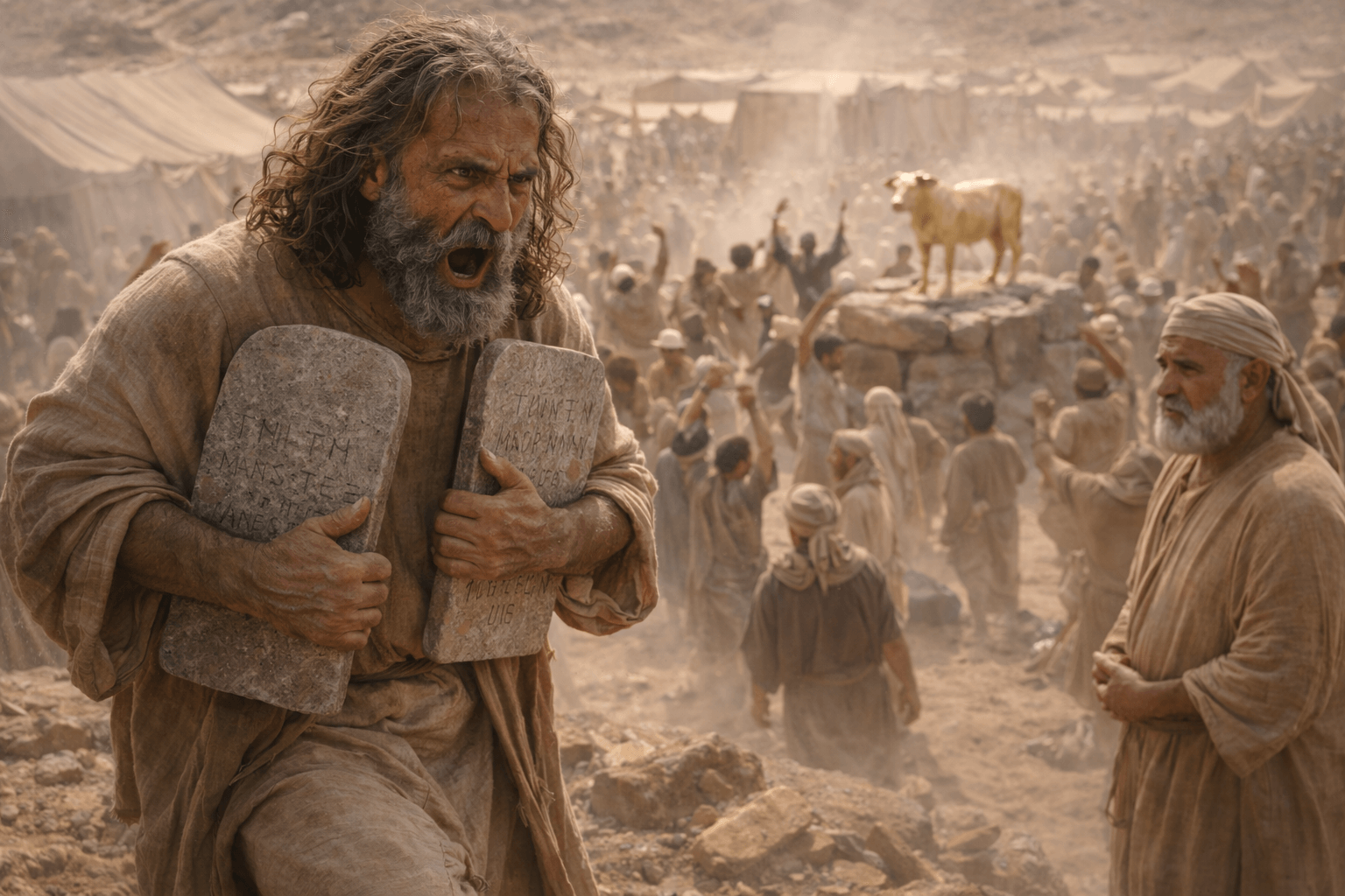 Моисей спускается с горы и видит у лагеря золотого тельца и празднование, Аарон и люди в смятении