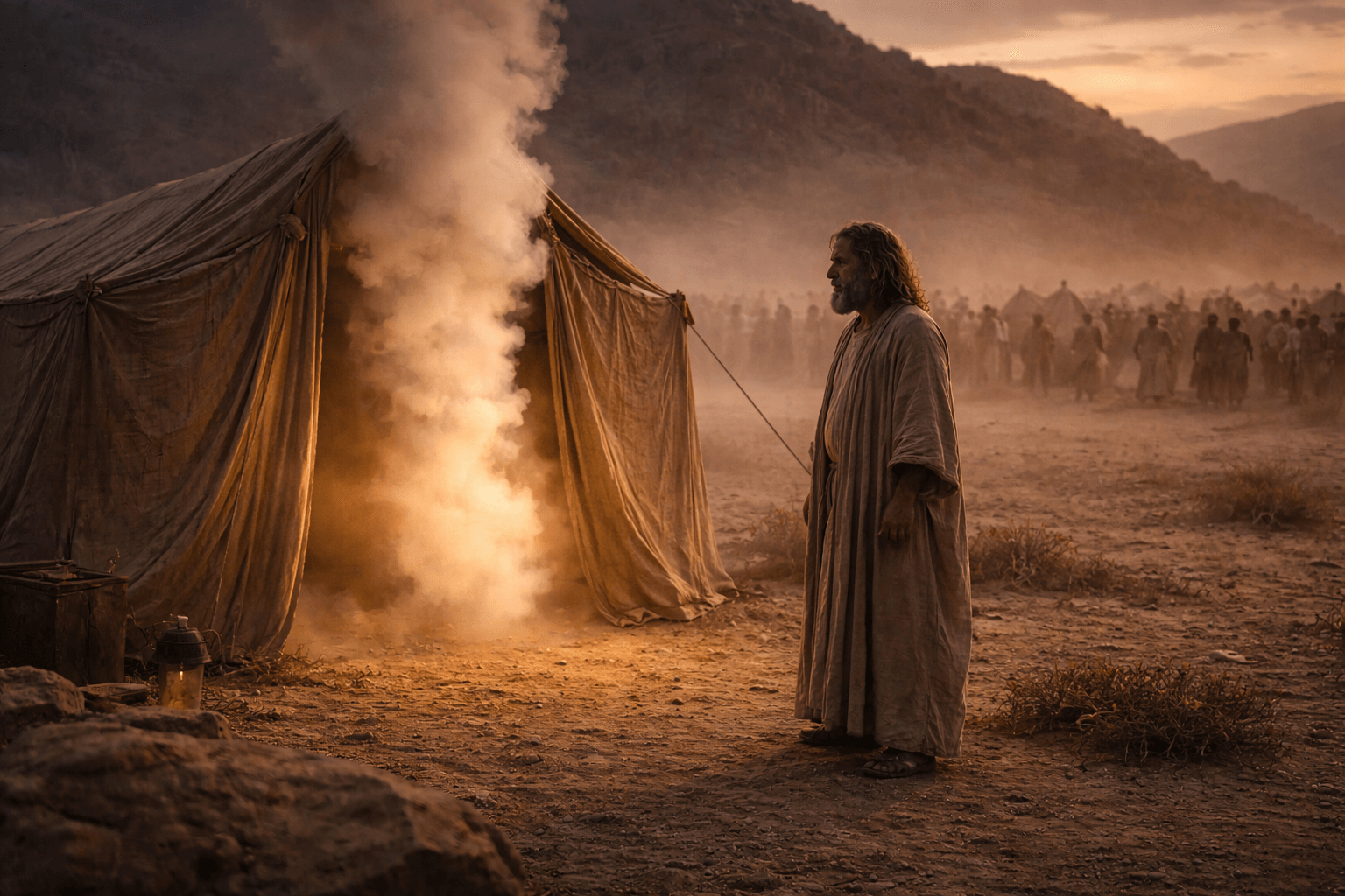 Моисей у шатра вне стана, люди смотрят издалека, у входа стоит плотный облачный столп
