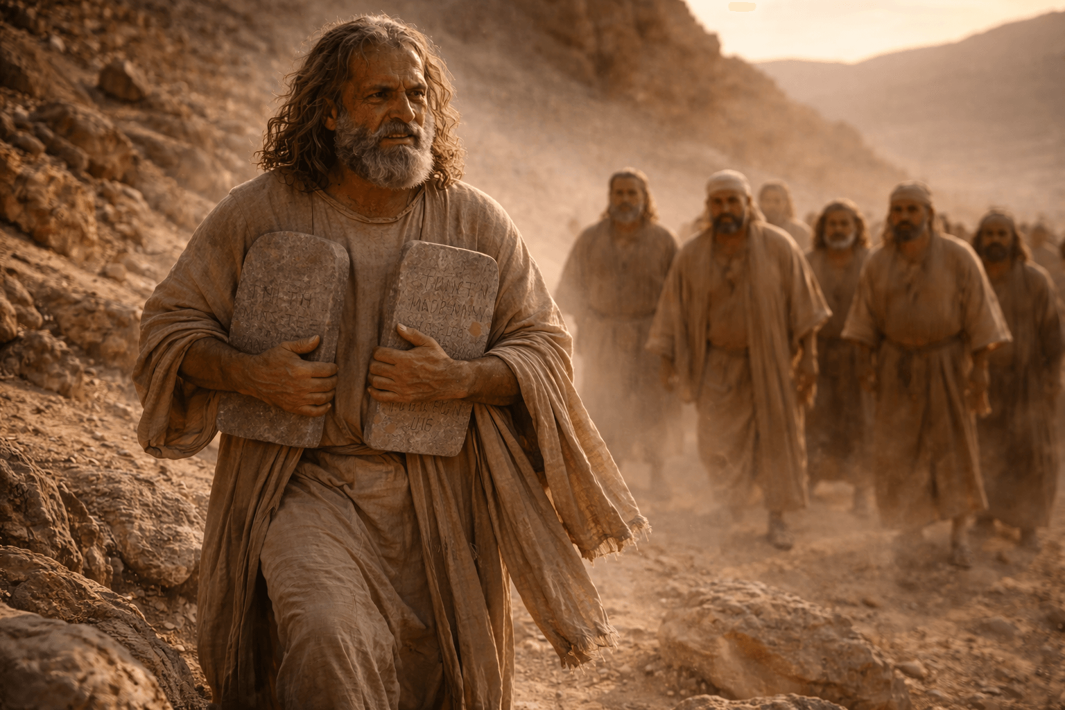 Моисей спускается с горы с каменными скрижалями, лицо светится, люди отступают, в руке льняное покрывало