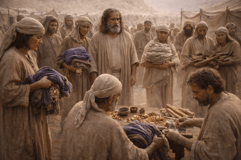 Израильтяне приносят золото и ткани для скинии в пустынном стане, а мастера сортируют материалы
