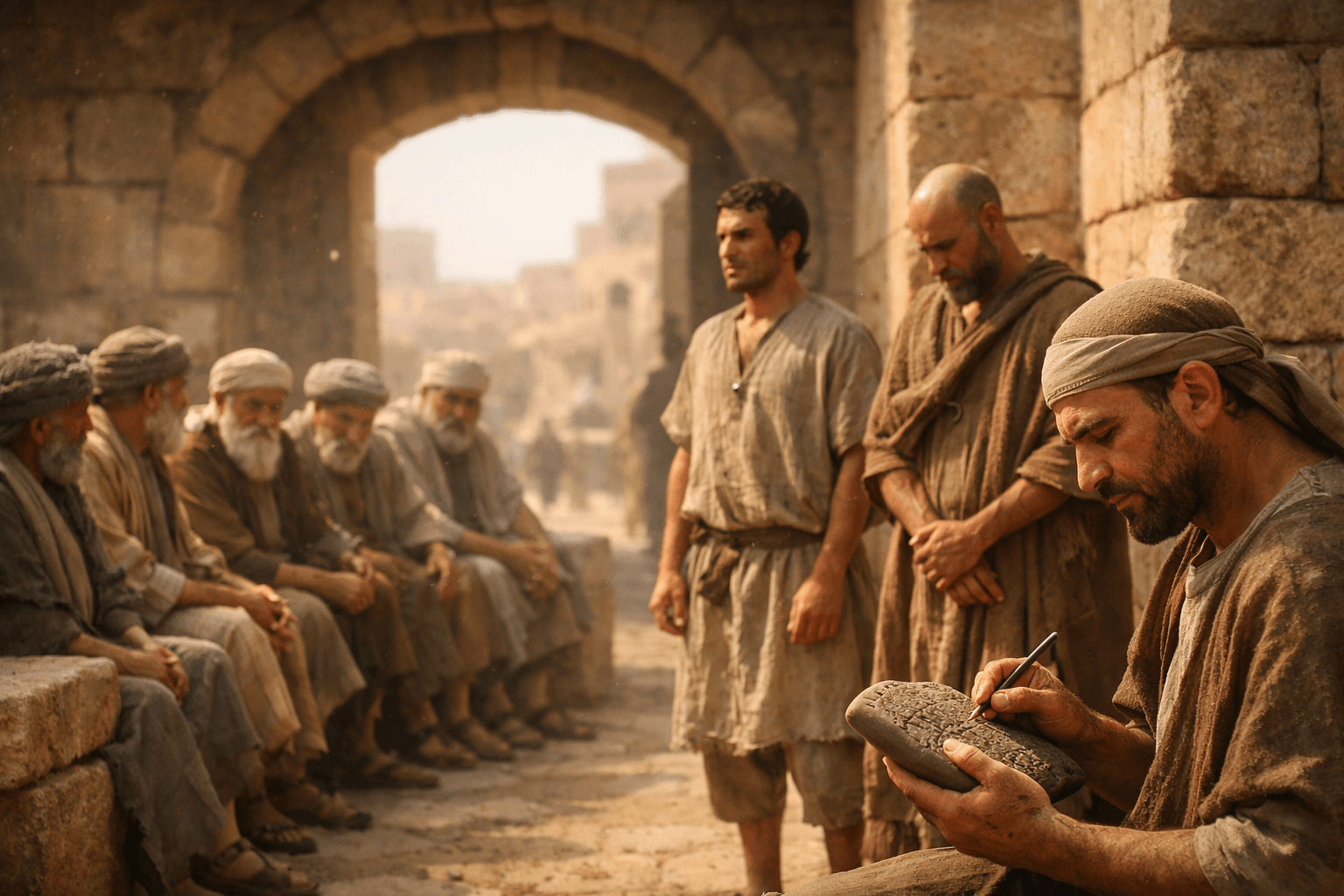 Суд у городских ворот, старейшины слушают спор, два свидетеля стоят поодаль, один нервно мнет руки, писец фиксирует слова на глиняной табличке